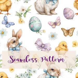 Könnte beinhalten: Ein nahtloses Muster mit Aquarellillustrationen von Ostermotiven. Das Design umfasst Hasen mit blauen Schleifen, Küken, Schmetterlinge, dekorierte Eier und Blumen. Die Worte "Seamless Pattern" sind in lila Schrift geschrieben.