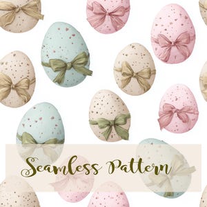 May include: A seamless pattern of speckled Easter eggs in pastel shades, each decorated with a delicate bow. The eggs are in pink, blue, and beige, creating a soft, festive design. The words "Seamless Pattern" are displayed at the bottom.