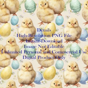 K&ouml;nnte beinhalten: Ein sich wiederholendes Muster aus gelben K&uuml;ken, blauen und gelben Ostereiern und kleinen wei&szlig;en Blumen auf cremefarbenem Hintergrund. Der Text lautet: Details, High-Resolution PNG File, Instant-Download, Image Not Editable, Unlimited Personal and Commercial Use, Digital Product Only.