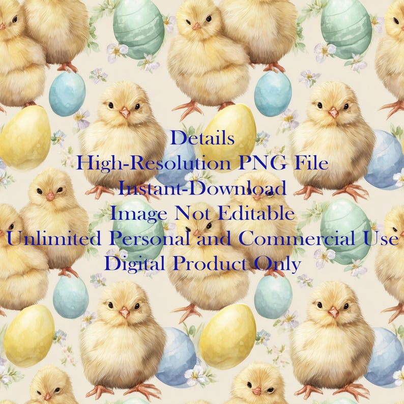K&ouml;nnte beinhalten: Ein sich wiederholendes Muster aus gelben K&uuml;ken, blauen und gelben Ostereiern und kleinen wei&szlig;en Blumen auf cremefarbenem Hintergrund. Der Text lautet: Details, High-Resolution PNG File, Instant-Download, Image Not Editable, Unlimited Personal and Commercial Use, Digital Product Only.