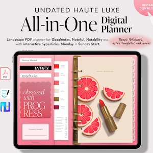 Undated Haute Luxe Digital Planner for iPad, GoodNotes & Noteful Hyperlinked PDF, Monthly Weekly Daily Layouts + Stickers, Pink Color