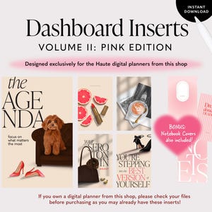 Könnte beinhalten: Digitale Dashboard-Einlagen mit dem Titel Dashboard Inserts Volume II: Pink Edition. Enthält verschiedene Grafikdesigns mit einem Hund auf einem Sofa, Grapefruitscheiben, Lippenstift, Kaffee, einer Handtasche und High Heels mit Text.
