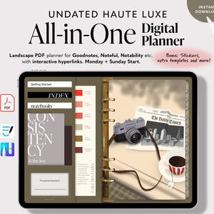 May include: A digital planner displayed on a tablet, featuring the text "All-in-One Digital Planner." The planner includes sections for notebooks, an index, and color hex codes. The image also shows a camera, newspaper, and a cup of coffee. The planner is compatible with Goodnotes, Noteful, and Notability.
