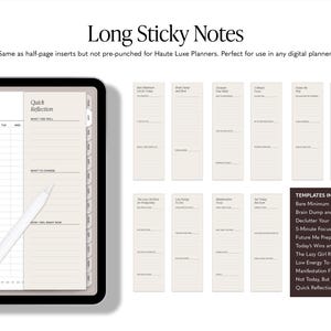 May include: Long sticky notes with templates for planning and reflection. The image shows a planner with a weekly schedule and a stylus, along with several long, rectangular sticky notes with prompts for daily tasks and goals. Templates include lists and focus prompts.