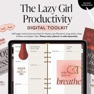 May include: Digital toolkit titled "The Lazy Girl Productivity" with a planner, stickers, and sticky notes. The image includes text such as "Messy Bun," "Progress," and "Shut the Tabs." A white stylus is visible, along with a pink sleep mask.