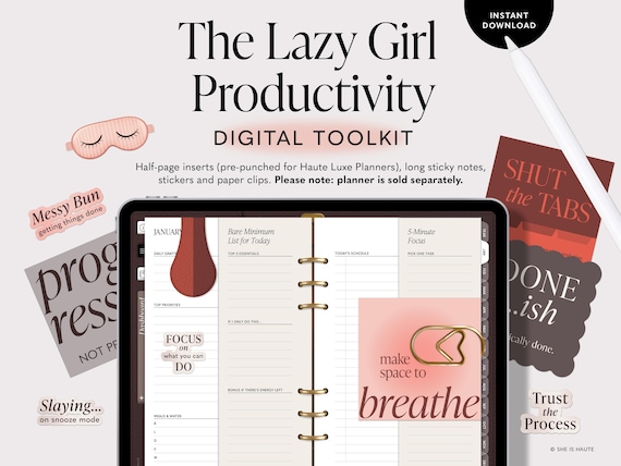 Lazy Girl Productivity Toolkit for Digital Planners: Inserts, Stickers, Cards (PNGs, GoodNotes and Noteful Files) (Digital Download)