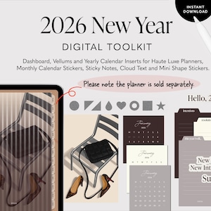 2026 New Year Toolkit for Digital Planners: Dashboard and Vellum Inserts, Yearly, Monthly Calendar Stickers and more | Goodnotes & Noteful