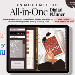 Op de afbeelding: Een digitale planner op een tablet met de tekst "All-in-One Digital Planner". De planner bevat secties voor notitieboeken, een index en kleur hex codes. Een afbeelding met de woorden "Your season to bloom is now" is zichtbaar.