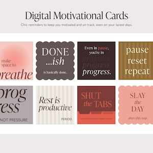 May include: Digital motivational cards with chic reminders. The image features eight square cards with motivational phrases like "make space to breathe" and "SLAY the DAY." The cards have a soft, pastel color palette with varying fonts.