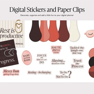 May include: Digital stickers and paper clips with various designs. Includes paper clips, stickers with phrases like "Rest is productive," and decorative shapes in shades of brown, peach, and white. A sleep mask with eyelashes is also featured.