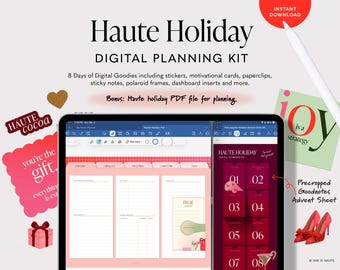 May include: Digital planning kit titled "Haute Holiday" with stickers, motivational cards, and more. Includes a digital planner on a tablet, a "Haute Cocoa" sticker, and a "Joy is a strategy" note. Features a "Precropped Goodnotes Advent Sheet".