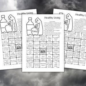 Lot de cartes de bingo pour un mode de vie sain - 3 niveaux de défis Nutrition, forme physique et bien-être imprimables