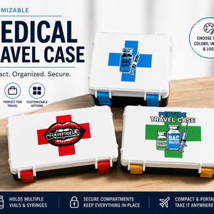 May include: White medical travel cases with blue, red, and yellow accents. The cases feature a cross design and the text "MEDICAL TRAVEL CASE". The cases are labeled "PEPTIDE TRAVEL CASE" and "BAC WATER".