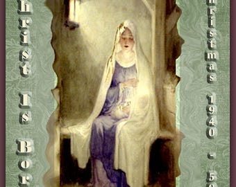May include: A painting of a woman in a white robe and blue dress, holding a lantern. The painting is set in a dimly lit room with a wooden beam overhead. The text "Christmas 1940 - 50s" is on the right side of the image.