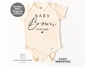 Personalized Announcement Gerber Organic Cotton Onesie® Custom Last Name Due Date Baby Coming Soon Bodysuit Reveal Pregnancy dad grandparent