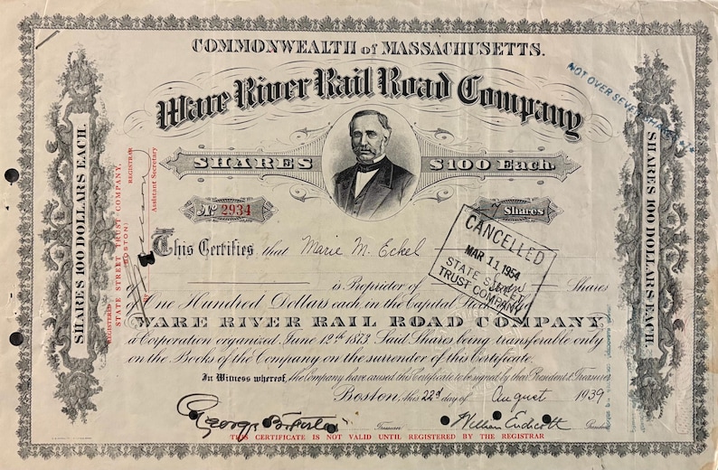 Ware River Railroad Stock Certificate, Boston, Massachusetts - Etsy