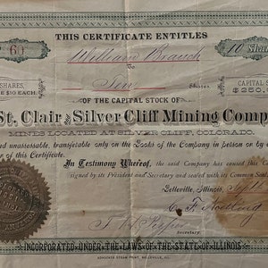 CO- St. Clair & Silver Cliff Mining Stock Certificate, Colorado, 1881
