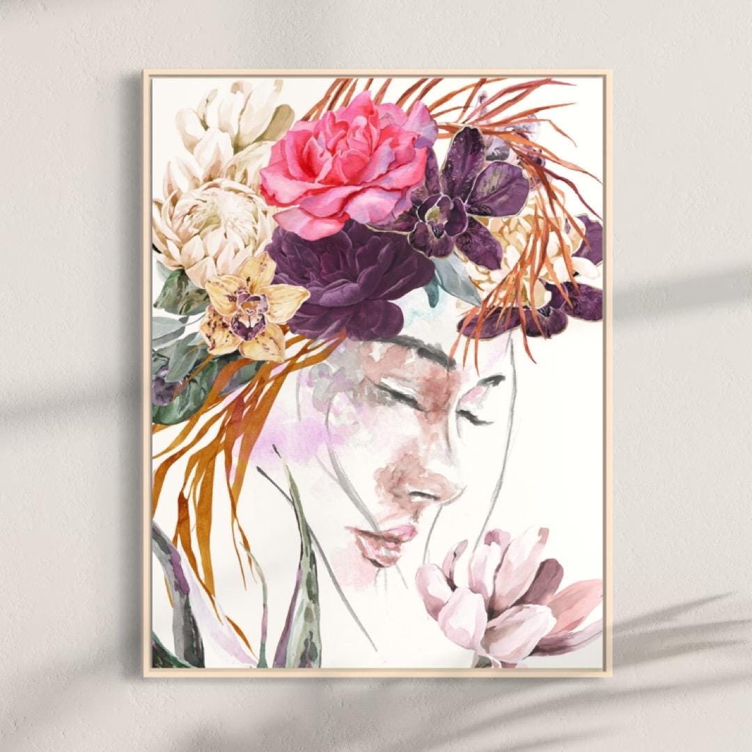 Floral Portrait Art Print | Woman With Flower Crown | Feminine Wall ...