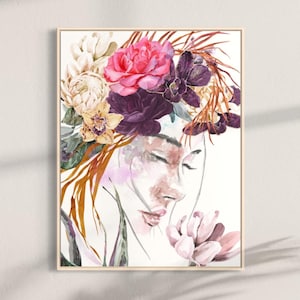 Floral Portrait Art Print | Woman with Flower Crown | Feminine Wall Decor | Female Artist Painting | Botanical Wall Art | Floral Home Decor