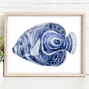 Abstract Watercolor Fish Print | Modern Coastal Wall Decor | Marine Animal Art | Blue Fish Painting for Beach House