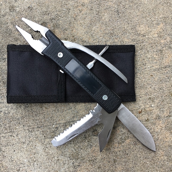 Laser Engraved Black and Stainless Steel Pocket Tool with Canvas Sheath