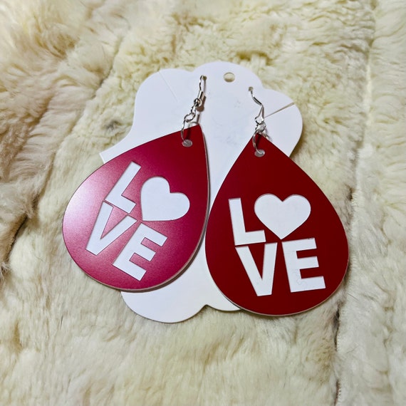 LOVE Heart Valentine’s Day Laser Engraved Dangle Pierced Earrings