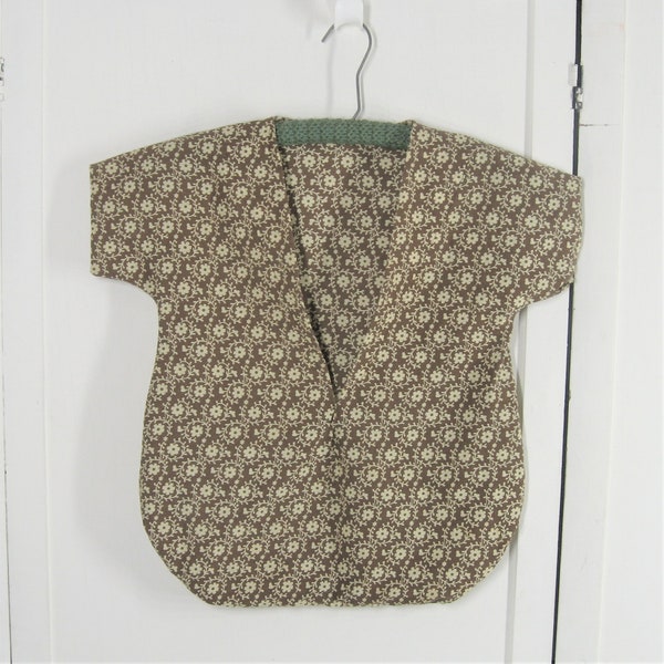 1950s Dress Clothespin Bag w/ Crochet Covered Wood Hanger, Vintage Brown Print Cotton Lingerie Laundry Bag