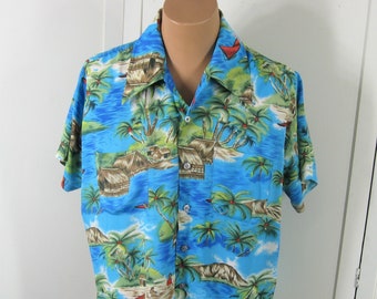 1970s Hawaiian Shirt Cold Rayon Blue Island Print Long Collar, Vintage Hawaiian Holiday Label, Men's Large