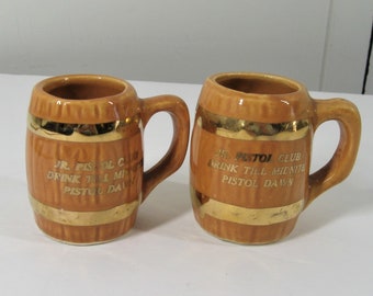 Novelty Shot Glass Set of 2 Pistol Dawn Jr. Drink Til Midnite, Vintage Ceramic Mini Barrel Mugs, Bar Glassware, 2 1/4" Height