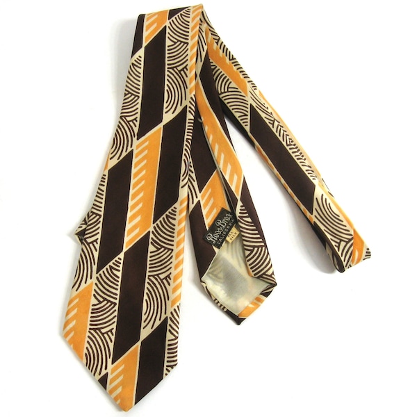 1940s 50s Wide Silk Tie Roos Bros. California Vintage Geometric Parallelograms Fingerprints & Bar Graphs, Brown Peach Cream