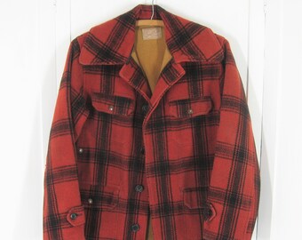 Men's 40s 50s Wool Coat Buffalo Plaid Red & Black Vintage Great Six Sportswear Hunting Jacket, Lumberjack Style, up to 40" Chest