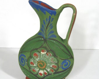 Vintage Tonala Mexican Pottery Pitcher, Green & Multi Color Handmade Painted Rustic Folk Art, Mid Century