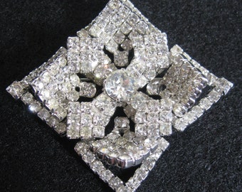 Pre 1955 Brooch Kramer New York Clear Rhinestone Layered Pave' Cross In Square OR X In Rhombus, 1950s Signed Vintage Pin