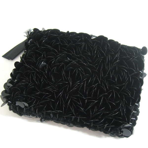 90s Mini Purse Black Sequin & Beaded Clutch, Vintage 5" x 4" Petite Evening Bag w/ Hand Sewn Angled Paillettes, Small Dimensional Handbag