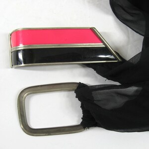 Vintage 1920s Art Deco Belt, Black Chiffon w/ Large Enameled Buckle Pink & Black Geometric image 3