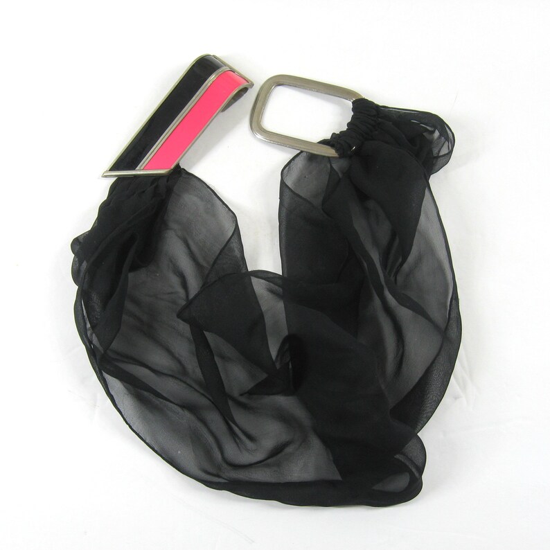 Vintage 1920s Art Deco Belt, Black Chiffon w/ Large Enameled Buckle Pink & Black Geometric image 7