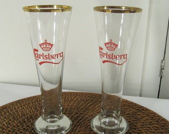 Pair Carlsberg Pilsner Glasses 8 Oz, Vintage Red Crown Logo Gold Trim, Mid Century Bar Beer Glass