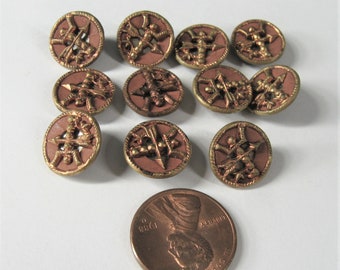 Antique Brass Button Set 11 Pierced Arrow Picture Copper Tone 1/2" Twinkle Mirror Back Self Shank, 1900s 1910 Vintage Victorian Edwardian