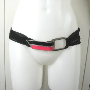 Vintage 1920s Art Deco Belt, Black Chiffon w/ Large Enameled Buckle Pink & Black Geometric