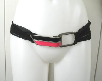 Vintage 1920s Art Deco Belt, Black Chiffon w/ Large Enameled Buckle Pink & Black Geometric