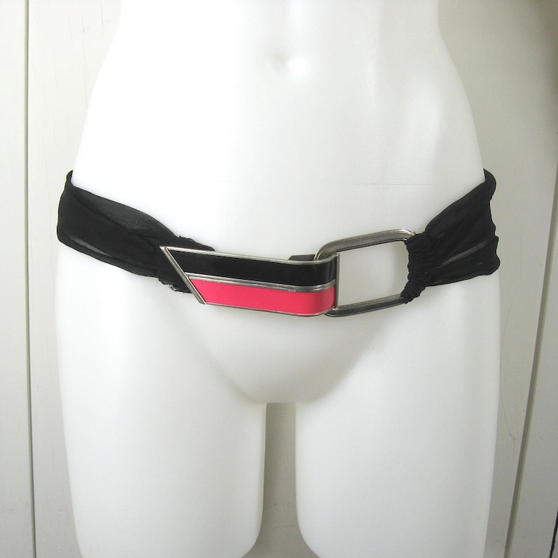 Vintage 1920s Art Deco Belt, Black Chiffon w/ Large Enameled Buckle Pink & Black Geometric
