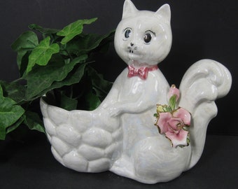 Vintage Cat Planter Italian Capodimonte Iridescent White w/ Pink Bow Collar, Applied Pink Rose, Whimsical Elegant Kitty Flower Pot, As Is