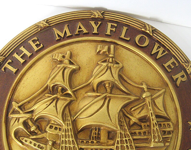 Vintage 350th Anniversary Mayflower Ship Wall Plaque, 1620-1970, Brass Bronze Tone Molded 3D Composite 15" Diameter bild 5