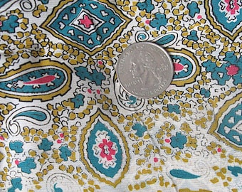 1940s Vintage Rayon Challis Fabric 3 + Yards Paisley w/ Border, Blue Green Multi Color