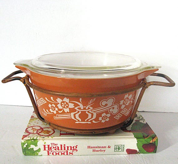 Vintage Pyrex Orange Dynasty 2.5 Qt Casserole W/ Lid & Bamboo