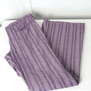 Vintage Deadstock Bell Bottom Jeans 60s 70s Purple Abstract Stripe Cotton, Men's Mid Rise W 31 L 32.5