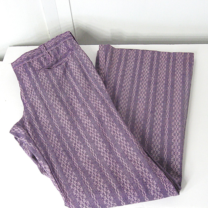 Vintage Deadstock Bell Bottom Jeans 60s 70s Purple Abstract Stripe Cotton, Men's Mid Rise W 31 L 32.5