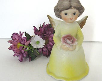 Vintage Winged Angel Bell Figurine, Yellow Dress Pink Flower Bouquet, Lego 60s 70s Taiwan