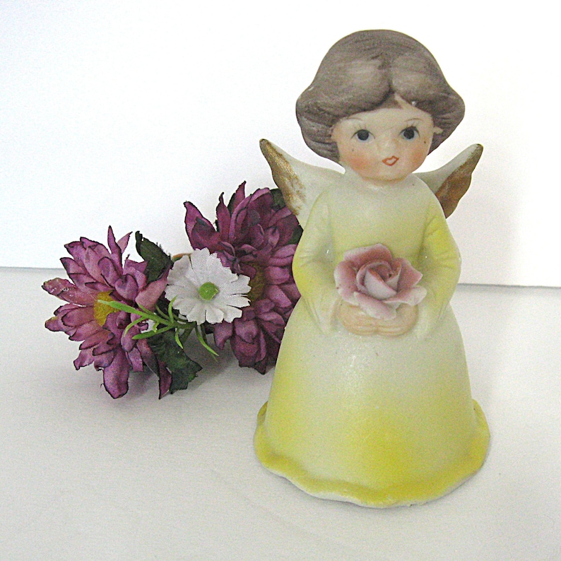 Vintage Bell Winged Angel Girl Figurine, Yellow Dress Pink Flower Bouquet, 60s 70s Lego Taiwan