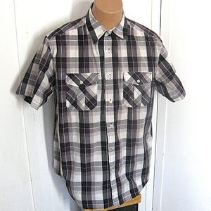 Men's Vintage Shirt Beverly Hills Polo Club, Black White Purple Check / Plaid, Short Sleeve, Large